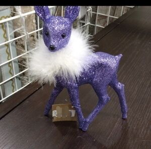 Purple Glitter Deer Figurine with White Fur Collar